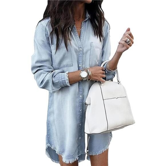 COPY - Women’s Denim Shirt Dress - Long Sleeve Distressed Button-Down Tunic - Picture 1 of 7